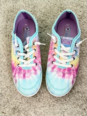 BOBS from Skechers Women's Tie-Dye Canvas Sneakers - Pastel Pink Blue Yellow 9.5